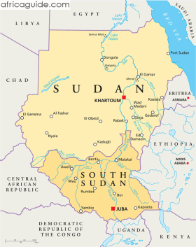 Sudan and South Sudan map with capitals Khartoum and Juba
