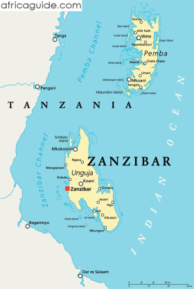 Zanzibar and Pemba map with capital Zanzibar City