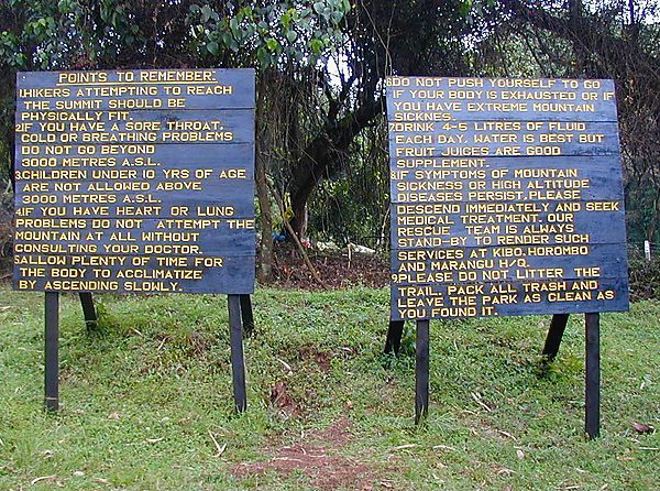 Sign Boards Starting Point  Machame Route, Kilimanjaro, Tanzania
